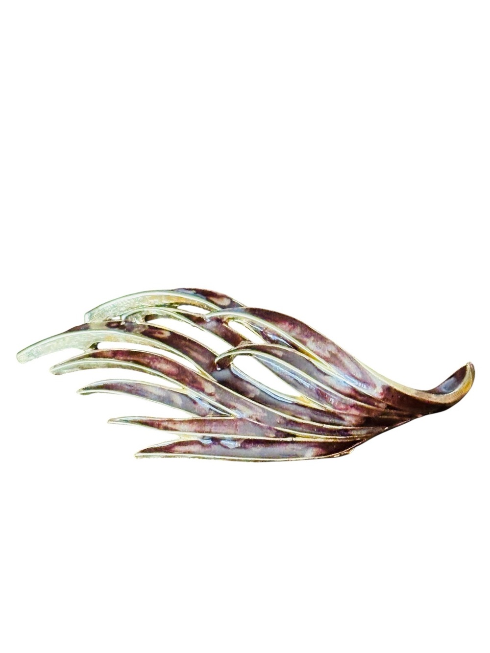 D’Orlan Signed Vintage 80s Gold Plated Enamel Leaf Feather Brooch Pin Plum Brown